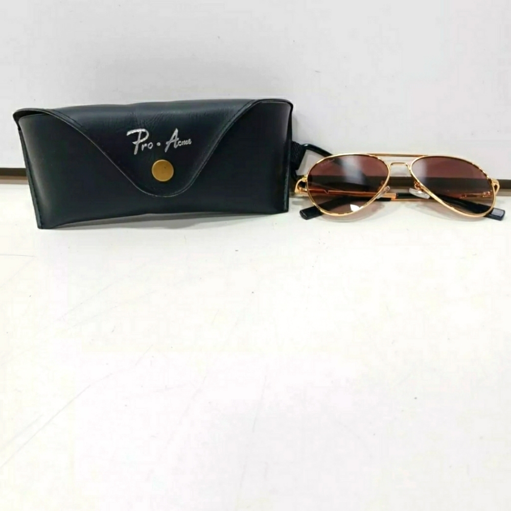 Pro Acme Gold-Tone Rimmed Aviator Polarized Gold Brown Sunglasses W/Case
